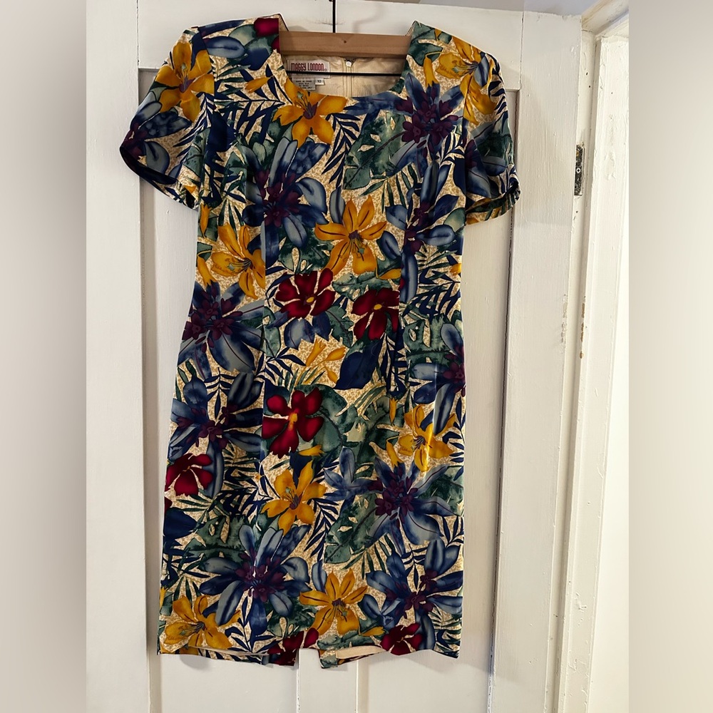 Vintage Maggy London Multi-Color Floral Midi Silk Dress